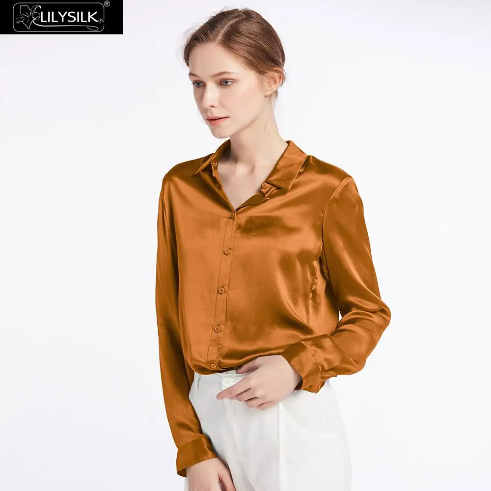 Caramel LilySilk Рубашки Блузка Топ футболка 22 мм шелк Новинки - Цвет: Caramel