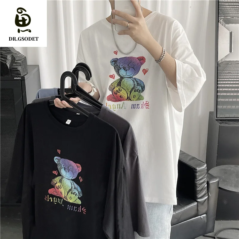 

GSODET Summer T-Shirt Cotton Couple Ins Cartoon Color Bear Short-Sleeved Wild Loose O-Neck Men's and Women's oversize Tops