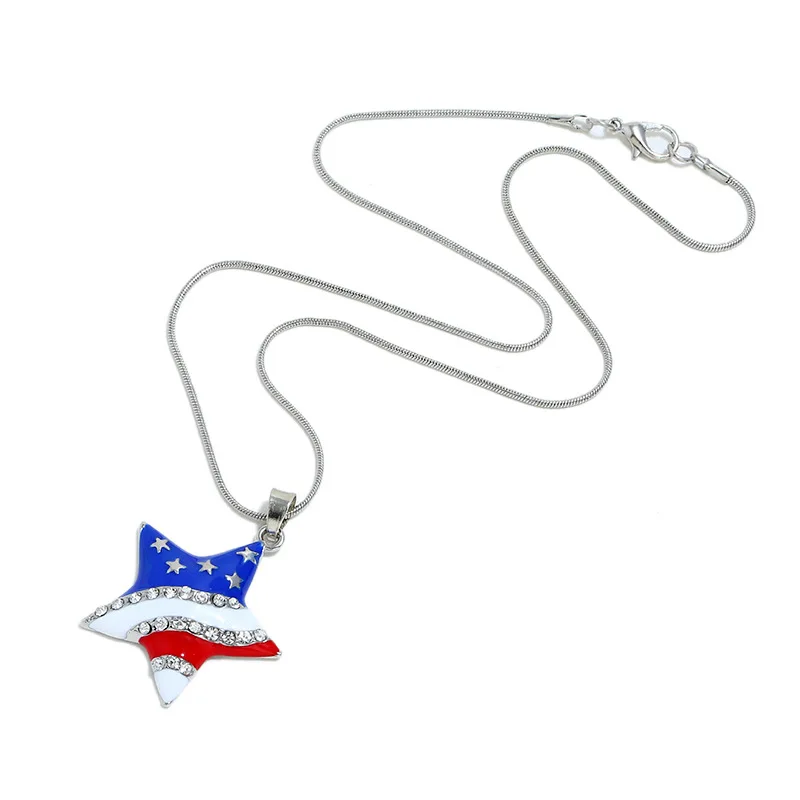 

2021 Trend New Chain Necklace American Independence Day Flag Element Jewelry Five-pointed Star Diamond Drop Oil Pendant Necklace