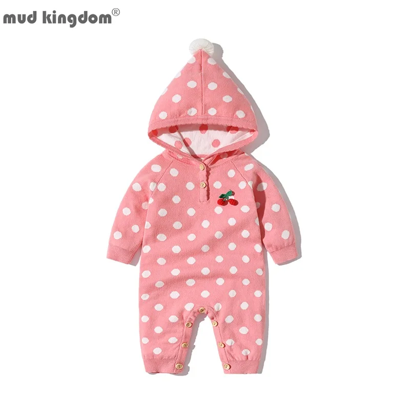 

Mudkingdom Cute Baby Girls Sweater Rompers with Pompoms Polka Dot Cherry Hooded Jumpsuit for Kids Clothes Cotton Infant Clothing