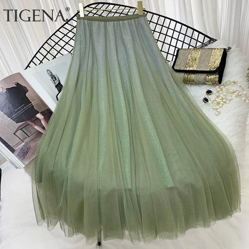 Женская плиссированная юбка TIGENA длинная из тюля макси с высокой талией для