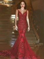 2020 mermaid evening dresses lace burgundy v neck sleeveless backless sweep brush train prom party dresses