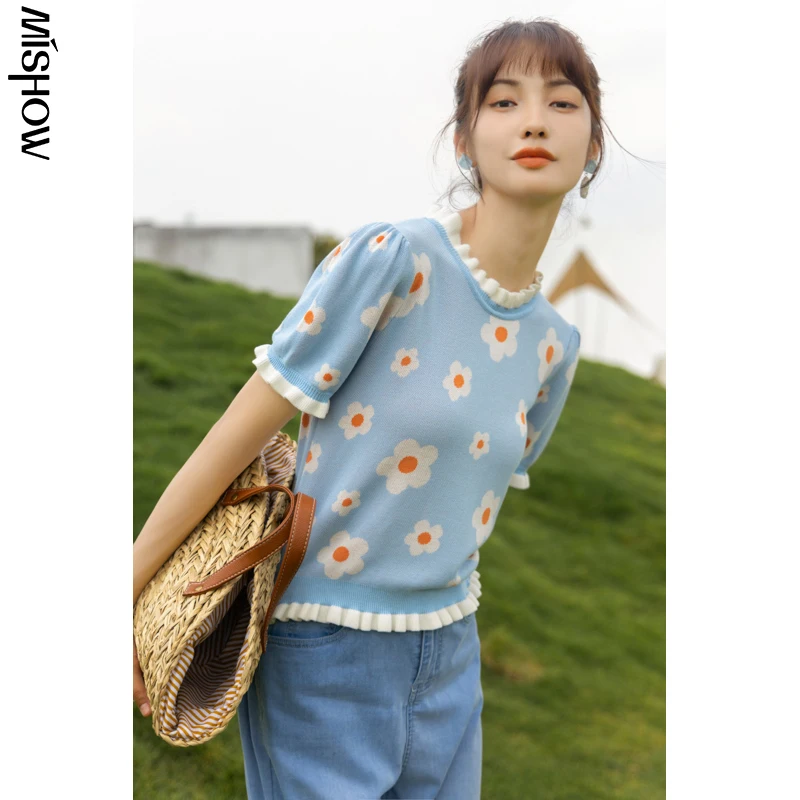 

MISHOW футболки для женщин с цветочным принтом с коротким рукавом летние милые Топы повседневные 2021 новая одежда женская MXA29Z0023