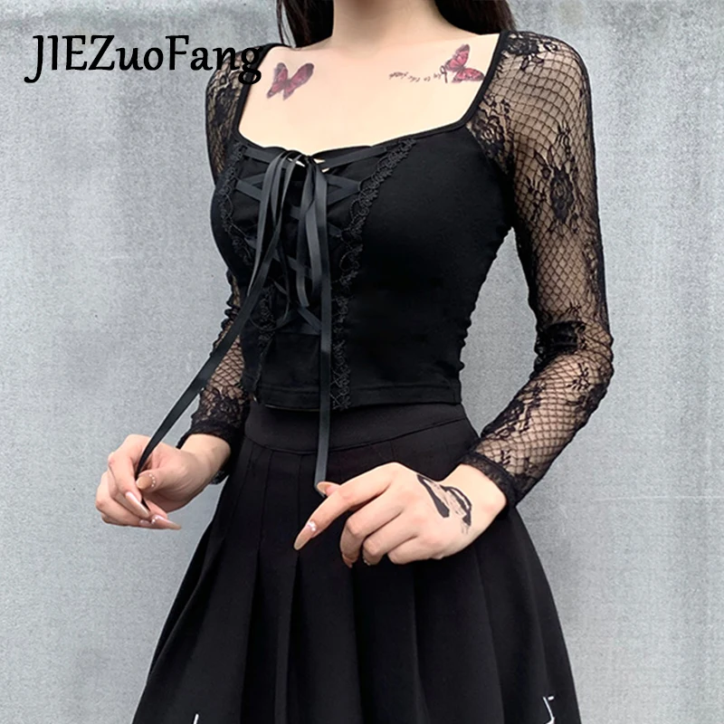 

JIEZuoFang Trendy Sexy Exposed Navel 2020 Women T-shirt Black Lace Fishnet sleeves Female T-shirts Punk Print Girls T-Shirts