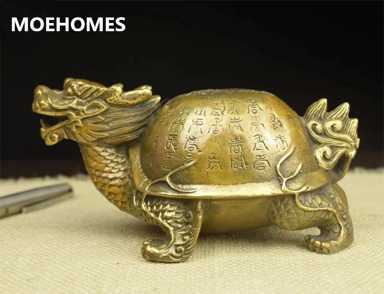 

Archaic Old Chinese FengShui Bronze Longevity 100 ShouZi Dragon Turtle Statue vintage home decor metal handicraft