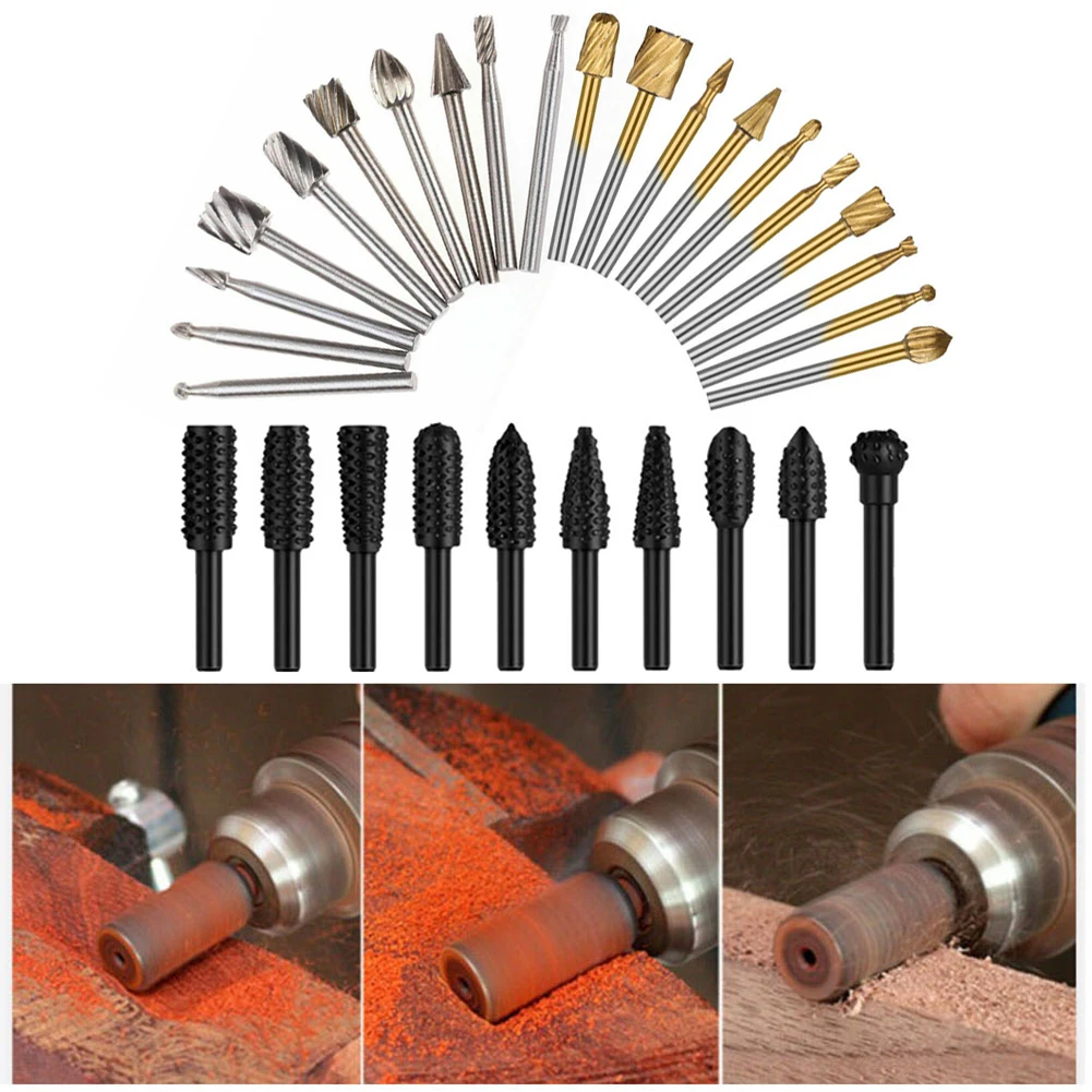 

10pcs Steel 1/4" Rotary Burr Set +10pcs 1/8" Shank Router Bits For Woodworking Cutting File Rasp Drill Bits
