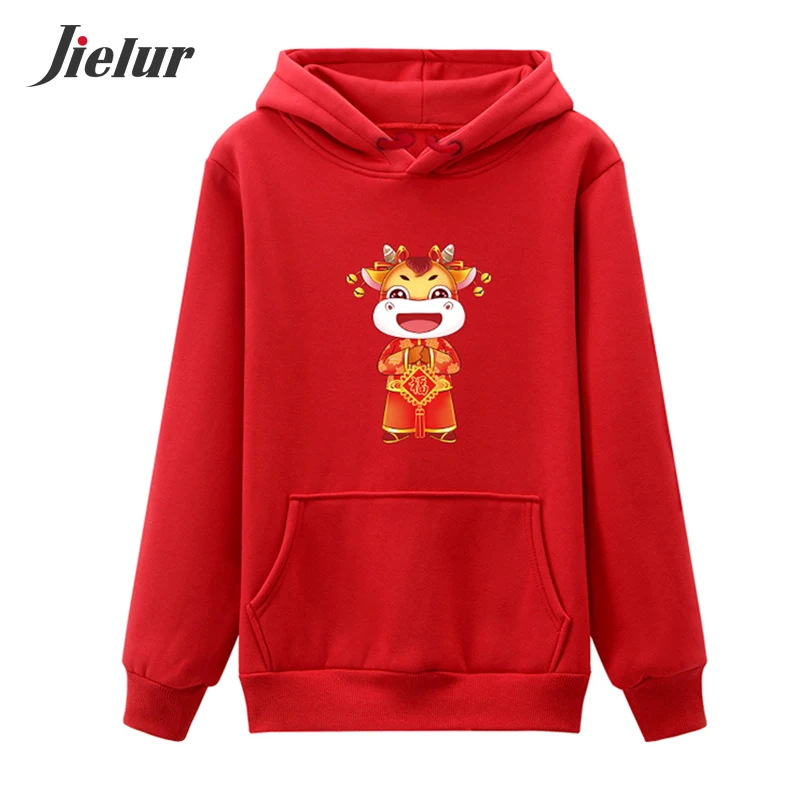 

Jielur Cute OX Cartoon Print Red Hoodies Woman Oversize M-4XL Fleece Loose Family Portrait Hoody for Chinese New Year Sweatshirt