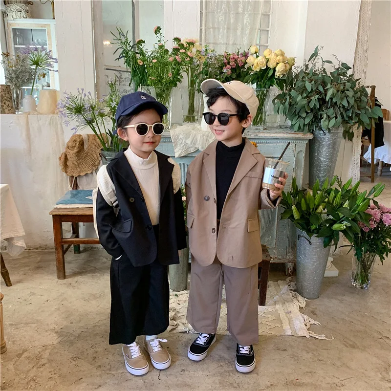 

Children's Formal Suit 2021 Autumn New Boys and Girls Temperament Lapel Solid Color Long Sleeve Pants Fashion Two Piece Set