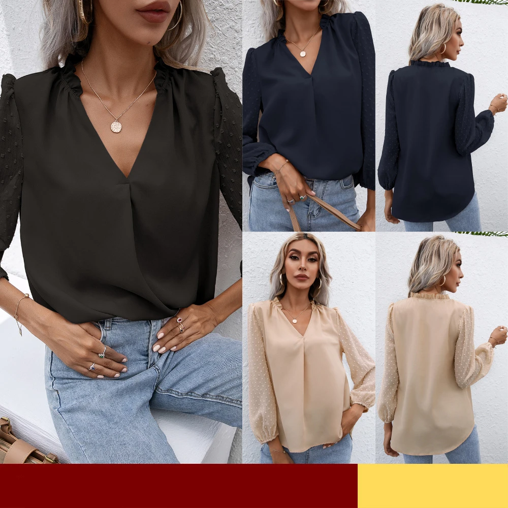 

Женская блузка с V-образным вырезом, двойными оборками и длинным рукавом