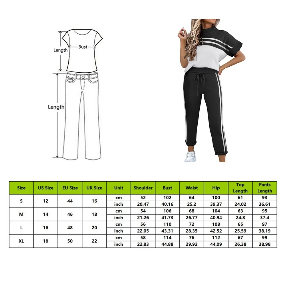 

Women Summer Casual Loose 2 Piece Set Side Stripes Drawstring Design Pockets Decor Mid Waist Long Pants+O-Neck Short Sleeve Top