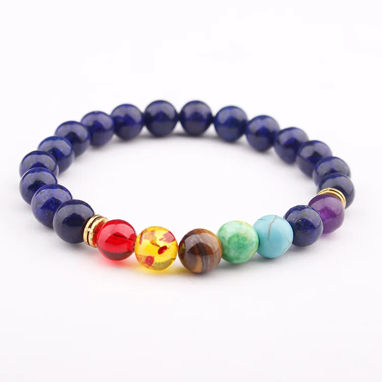 

Best Selling Natural Lapis Lazuli Stone Beads Charm Fashion 7 Chakra Healing Lava Yoga Aura Prayer Bracelet