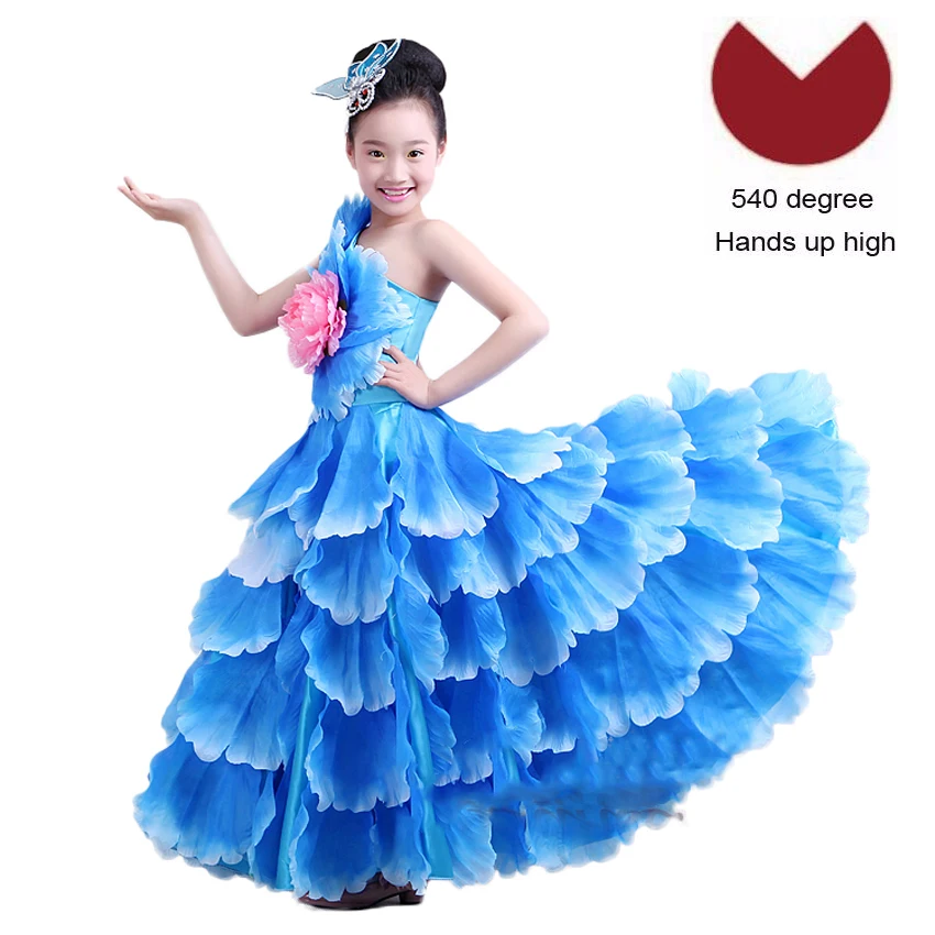 Color2 540 degree 6 видов цветов, испанское платье для девочек, для танцев фламенко, цыганские юбки Одежда для сцены платья для хора, лепестки, детские костюмы, 100 до 160 см - Цвет: Color2 540 degree