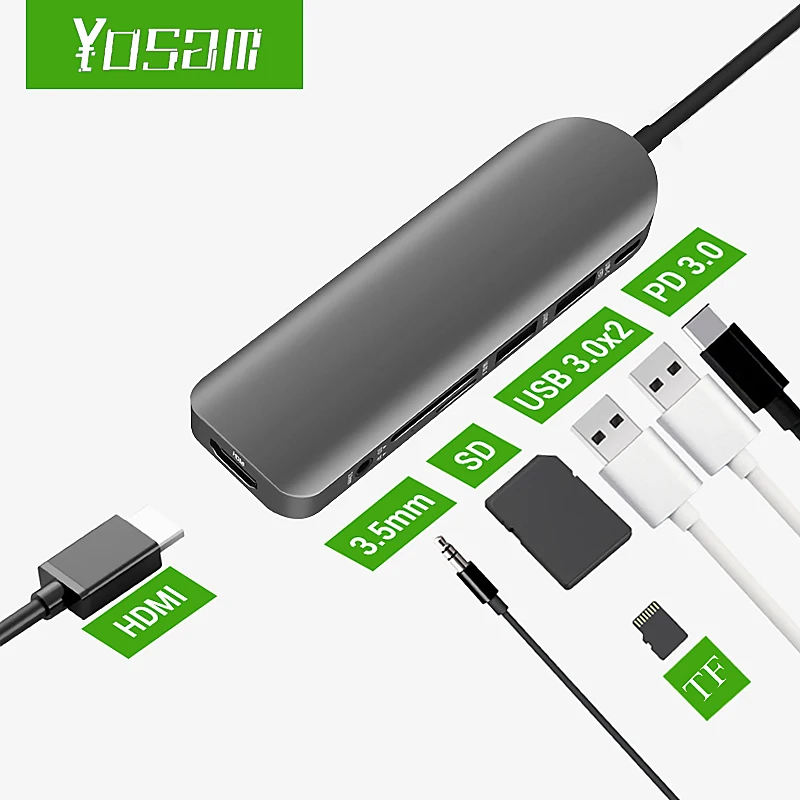 

Док-станция YOSAM с USB C на PD3.0 + HDMI + USB 3,0 + SD + TF + 3,5 мм, док-станция для ноутбука MacBook Pro Type C