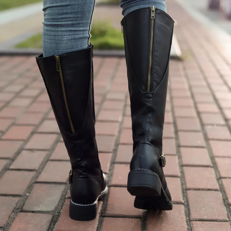 Autumn Women High Boots Fashion Low Heels Square Platform Long Boots Brown Black Leather Zip Winter Women Warm Shoes Booties