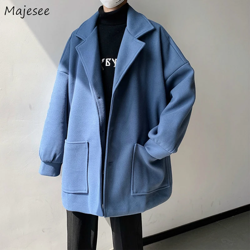

Men Wool Coats Solid Single Breasted Long Sleeve Turn-down Collar Male Woolen Jackets Casual Fashion Chic Simple Harajuku New Bf