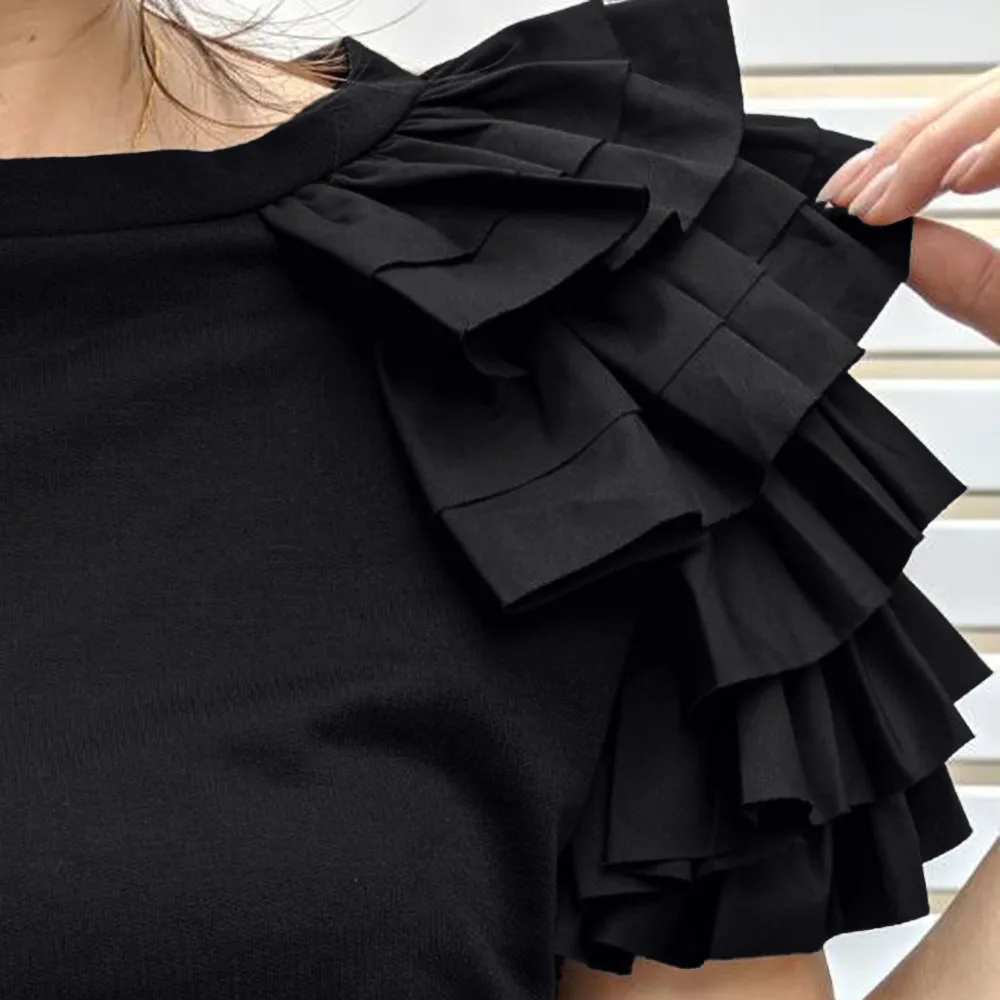 

Fashion Black Shirt White Ruffles Summer Korea Japan Style Women Streetwear Casual Short Sleeve Top Tees Ladies Daily Shirts