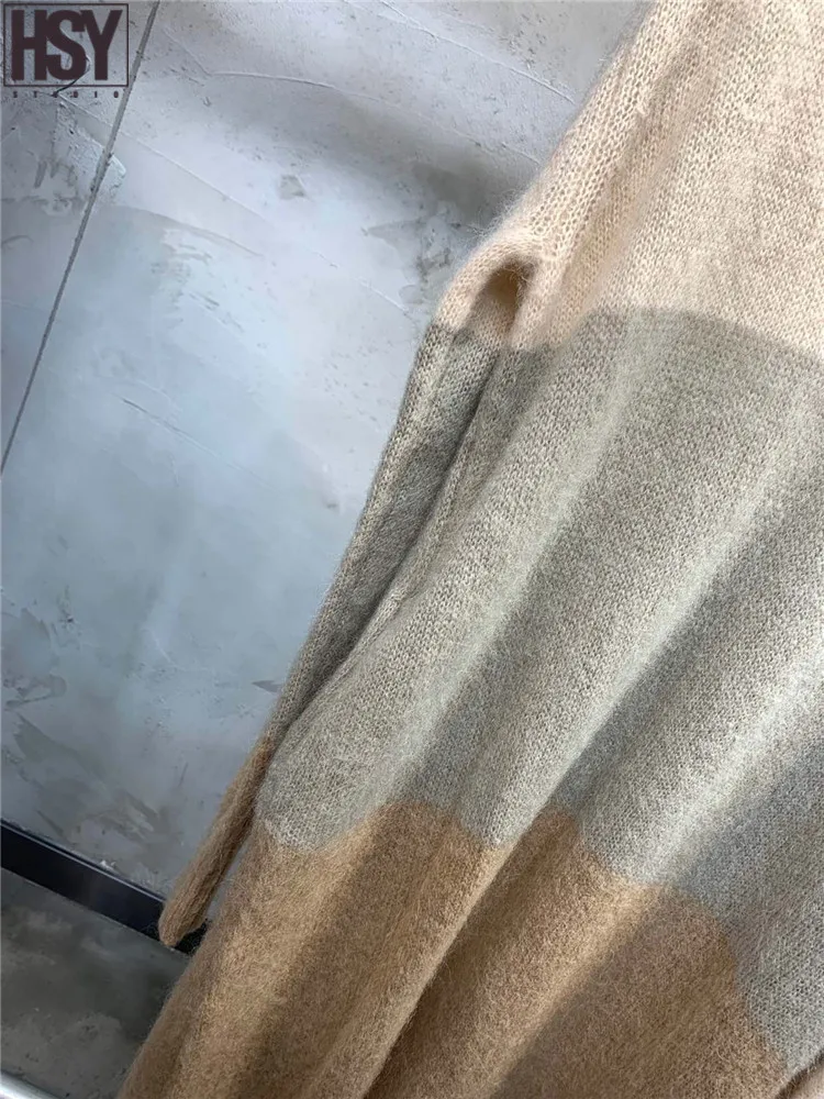 【HSY】2019 Осень Зима Новый женский длинный рукав v образный вырез контрастная