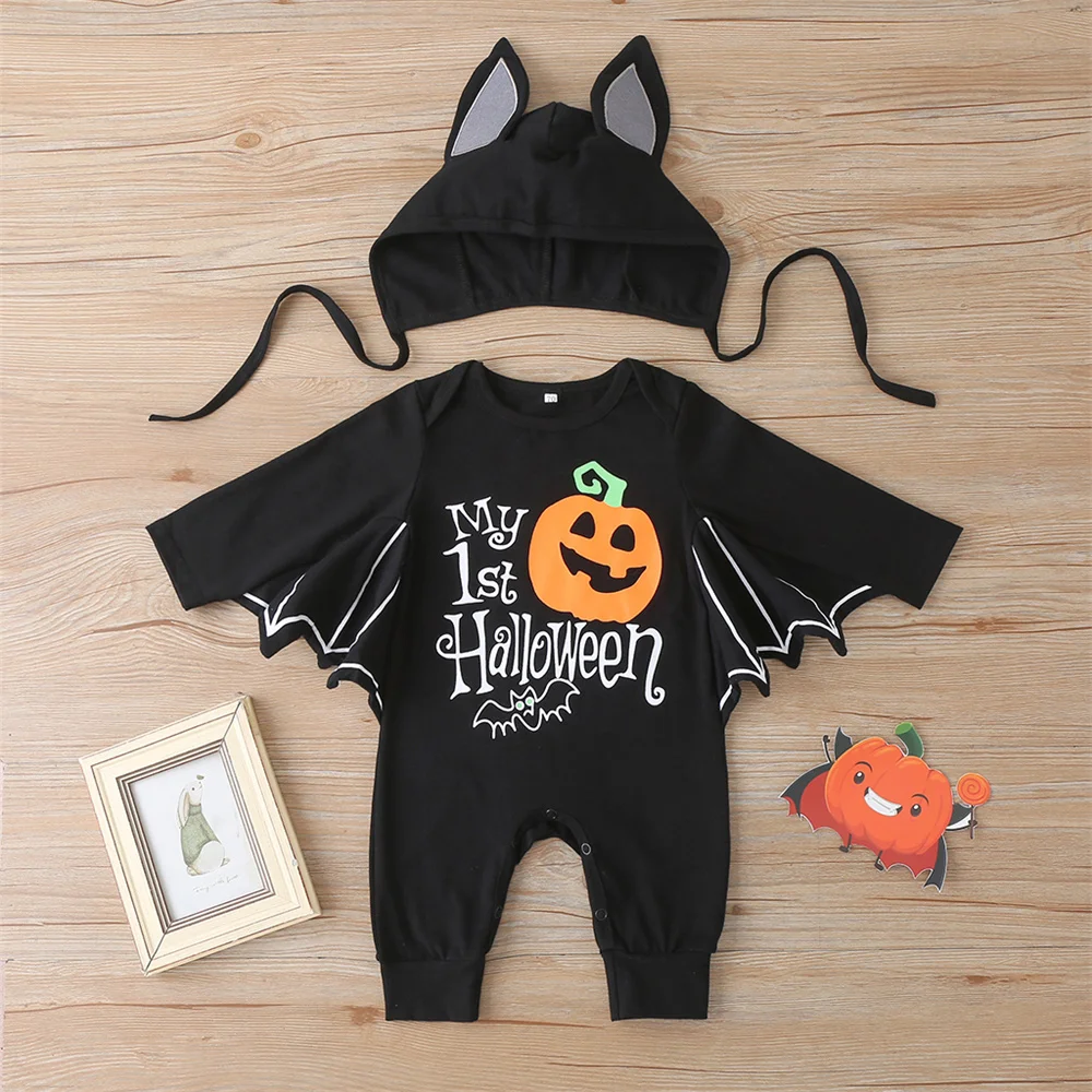 

Baby Boy Girl Halloween Batwing Romper with Hat 0-24M Newborn Infant Toddler Pumpkin Letter Printed Jumpsuit Festival Costume