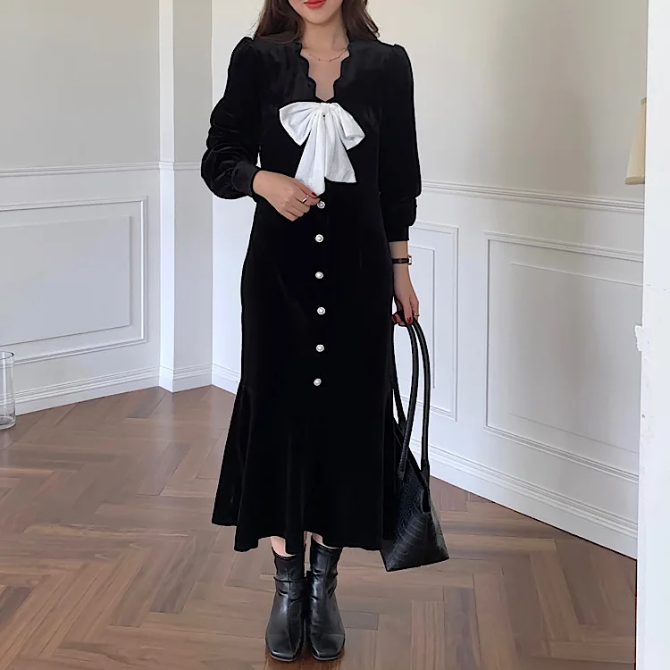 

Velvet v-neck bow button midi dress puff sleeve fishtail robe black retro elegant autumn 2021 winter dresses
