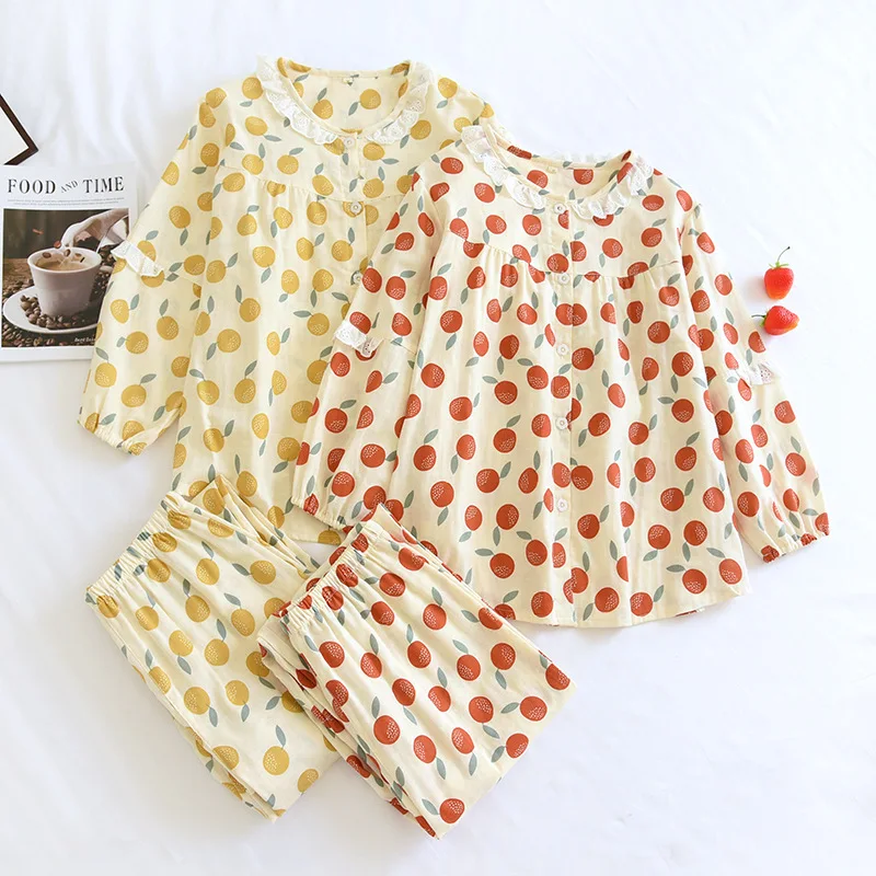 

New Ladies Spring And Autumn Pajamas Long-sleeved Trousers Suit Cotton Gauze Lace Collar Breathable Home Service Two-piece Set