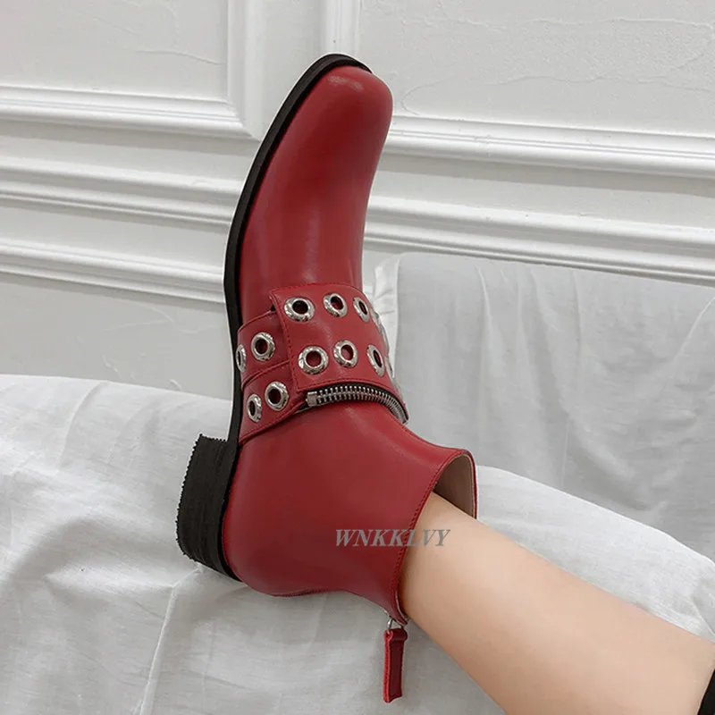 

Autumn winter low heel short boots 2020 women spaure toe metal rivets belt zipper decor handsome matin ankle boots botas mujer