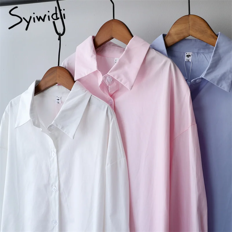 Syiwidii Button Up Shirt Pink Cotton Long Sleeve Blouse Woman Loose Oversize Office Lady Tops Korean Fashion Fall 2021 New | Женская
