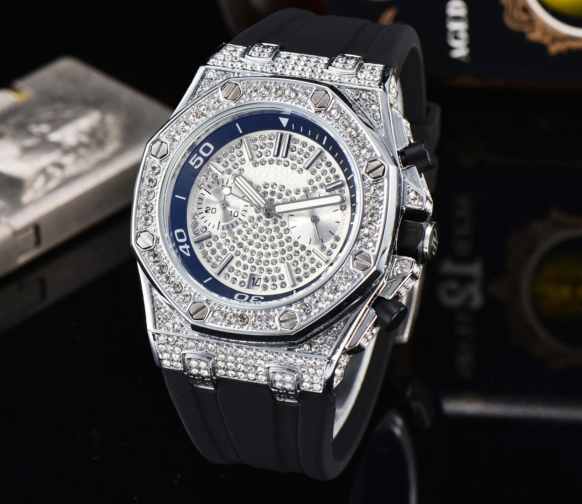 

Diamond Hollow Men's Watch Sports Top Brand Luxury Fashion Business Dress Male Wristwatch Gypsophila Silicone Strap Watches Q