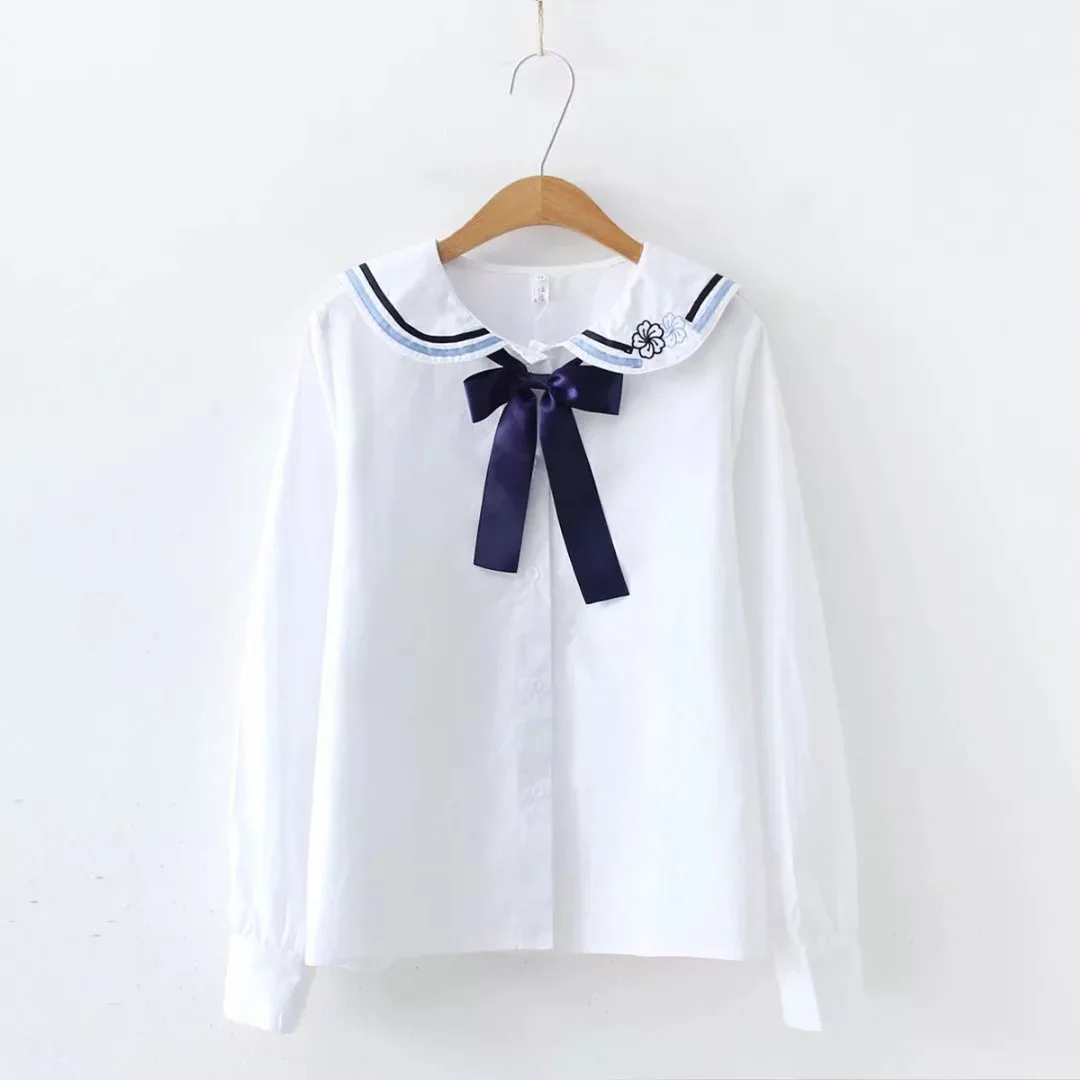 

Spring Shirt Ladies Tops 2021 Regular Lapel Single-breasted Korean Style Bow Loose Wild Pure Color Long-sleeved Embroidery
