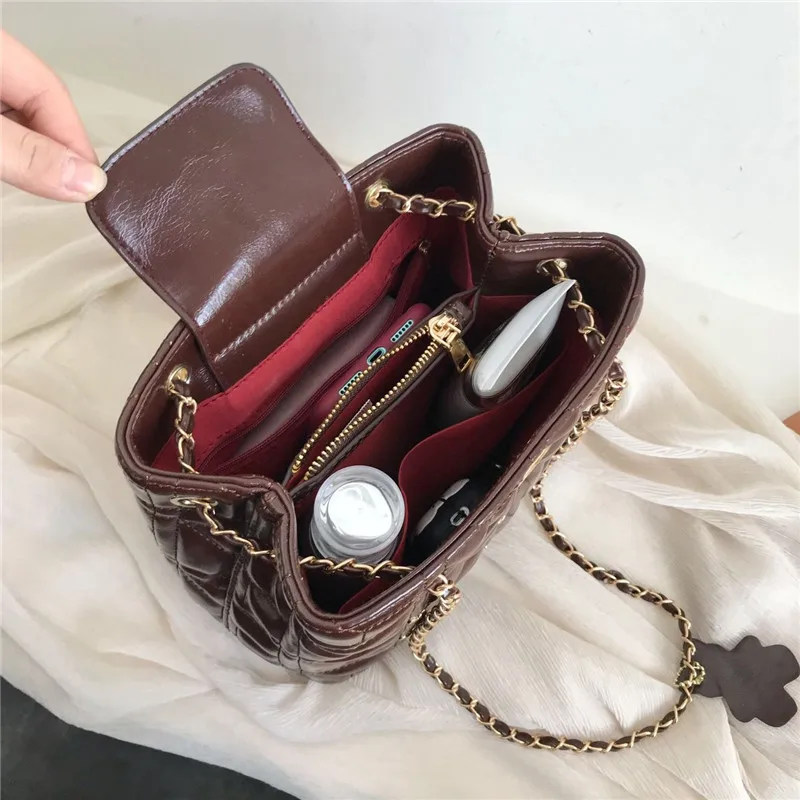 Vintage Ladies Soft Leather Chains Bucket Bags Plaid Rivet Handbag And Purse Women Fashion Simple Large Capacity Shoulder | Багаж и сумки