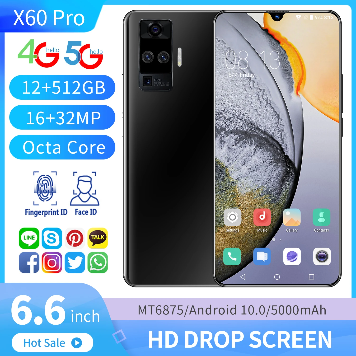 

Big screen X60 pro 12GB+512GB 6.6inch 16MP+32MP 5000mAh Battery Cell phone Android 10.0 5G 10 Core Telephone Double Sim Card