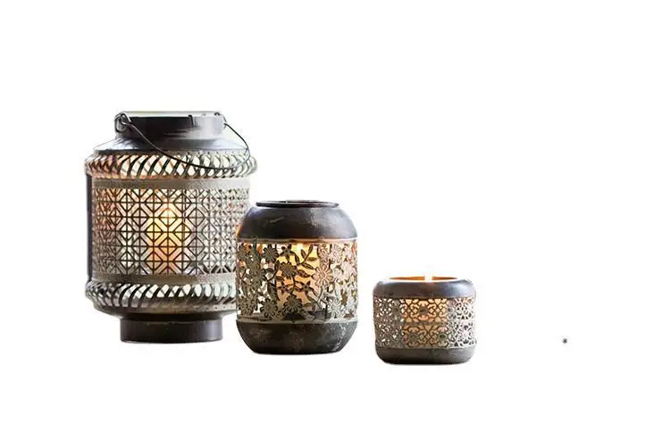 

European style retro wrought iron wind lantern candle holder hollow lamp candle holder basket lantern home decore