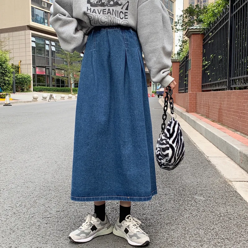 

Женская джинсовая юбка средней длины, Повседневная джинсовая юбка средней длины с поясом на резинке в корейском ретро-стиле, RXHBSQ598, для осен...