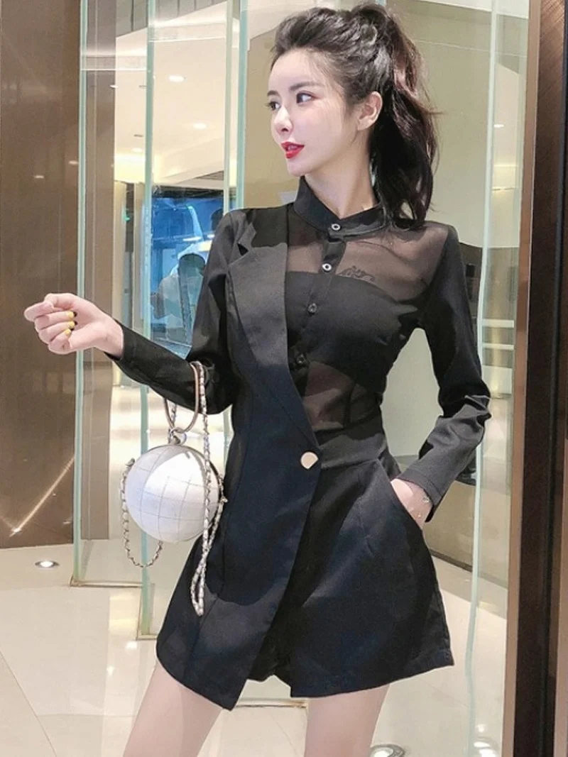 Женский шифоновый комбинезон в клетку белый прозрачный с длинным рукавом и