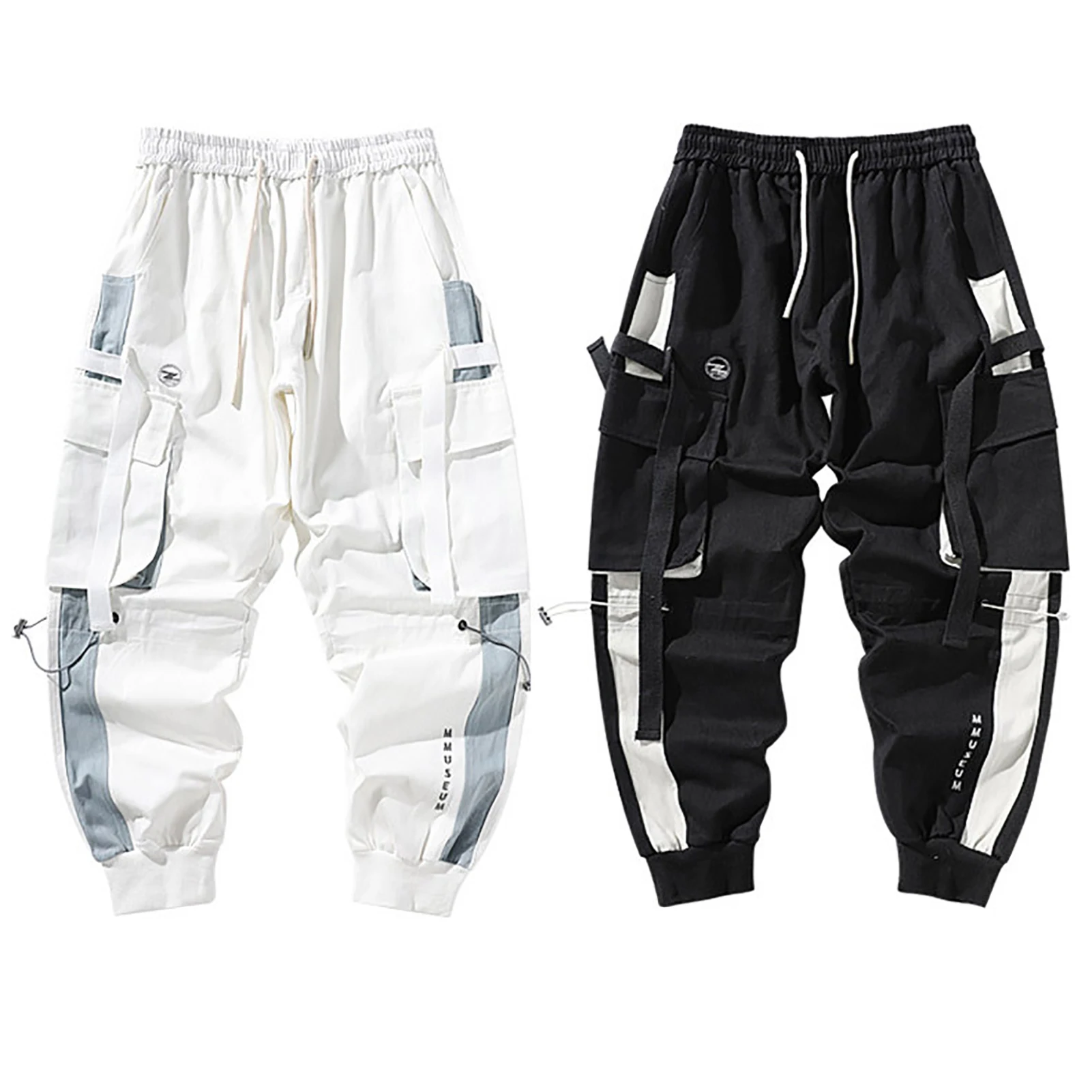 

2020 Autumn Faishion Men Hip Hop Long Cargo Pants Drawstring Multi Pockets Straps Ankle Tied Male Joggers Bodybuilding Trousers