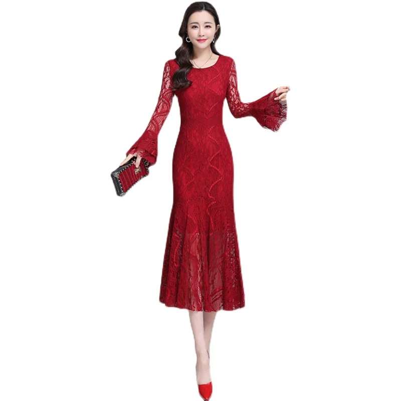 

Fishtail Dress 2021 New Temperament High Waist Red Sexy Lace Dresses Spring Flared Sleeves Women Clothes