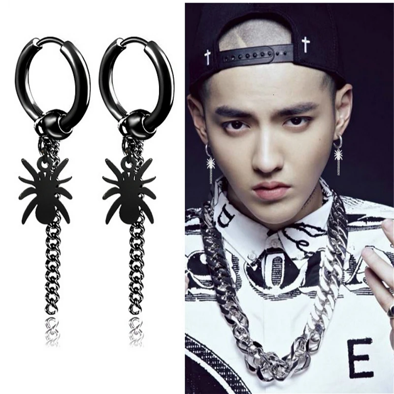 

Punk Spider Pendant Tassel Earrings Men's Stainless Steel Dangle Earring For Women Circle Drop Earring Piercing Jewelry 1pc