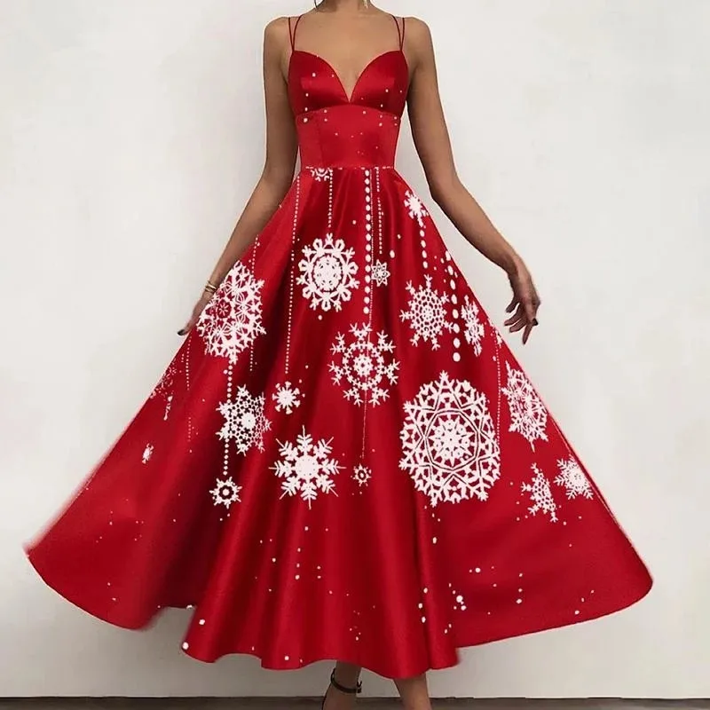 

Женское элегантное платье на бретельках с рождественским принтом, соблазнительное вечернее платье с открытыми плечами и открытой спиной, О...