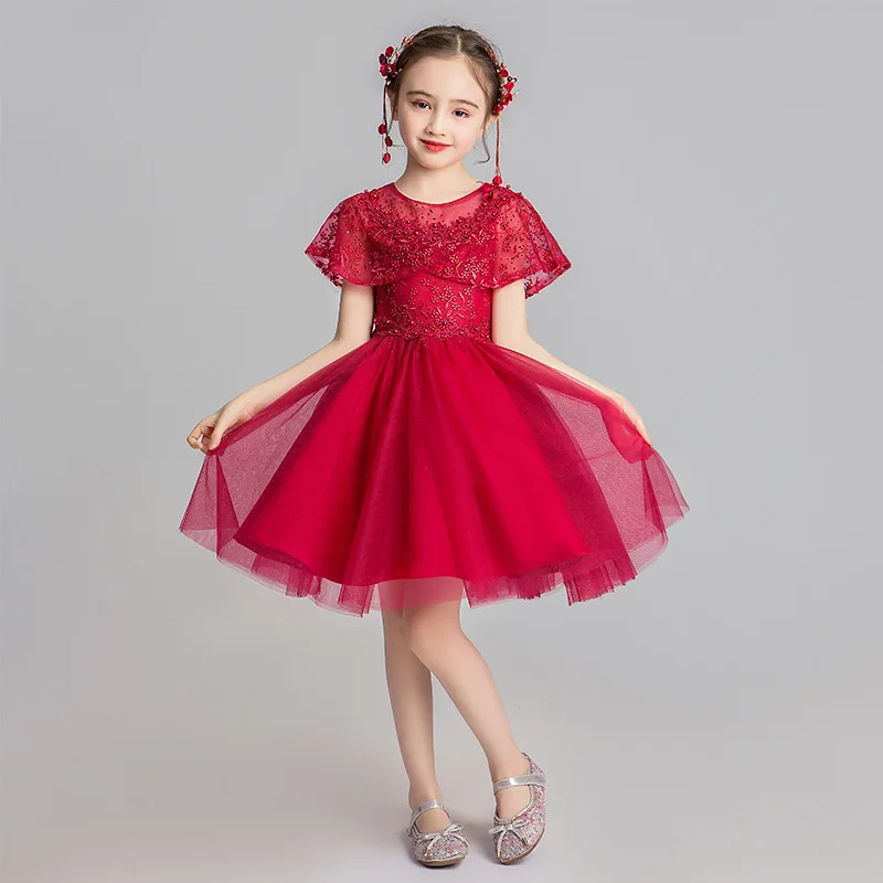 red short Бальные платья высокого качества с кружевной аппликацией и бусинами, пышное длинное платье для первого причастия для девочек, торжественное платье для свадебной вечеринки - Цвет: red short