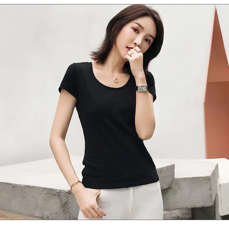 

Cotton short sleeve t-shirt female 2021 new summer round neck slim versatile bottom shirt with top half sleeve T-shirt