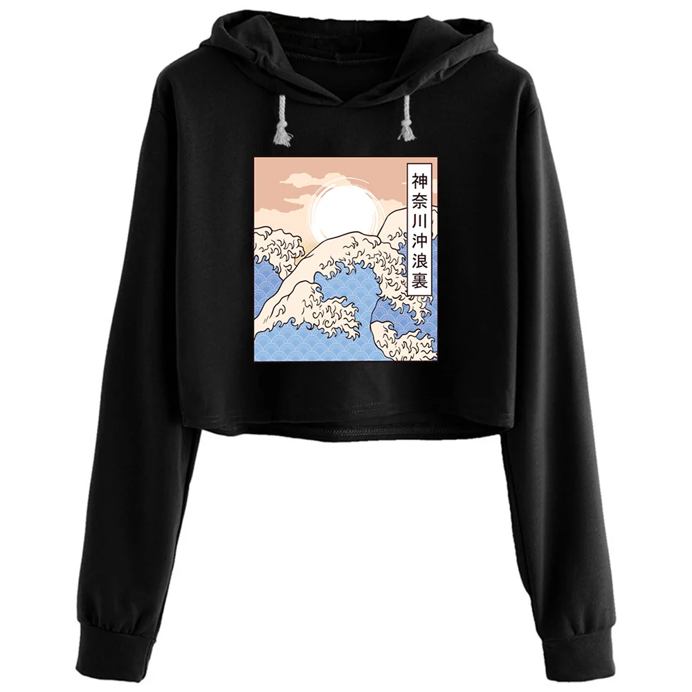 

The Great Wave Off Crop Hoodies Women Kpop Korean Y2k Kawaii Pullover For Girls
