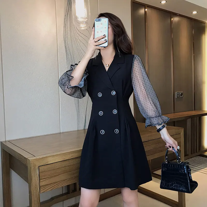 

Vintage Elegant Double Breasted Slim Black Dresses Women Stitching Mesh Sleeve Notched Collar High Waist Vogue Office Lady Dress