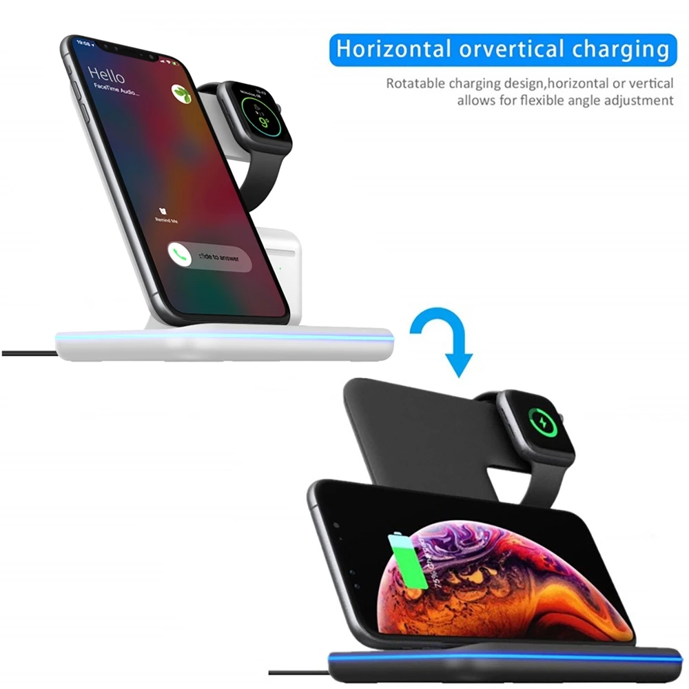 3 в 1 QI Беспроводное зарядное устройство Подставка для iPhone 8 X XS 11 12 XR Apple Watch 6 5 iwatch