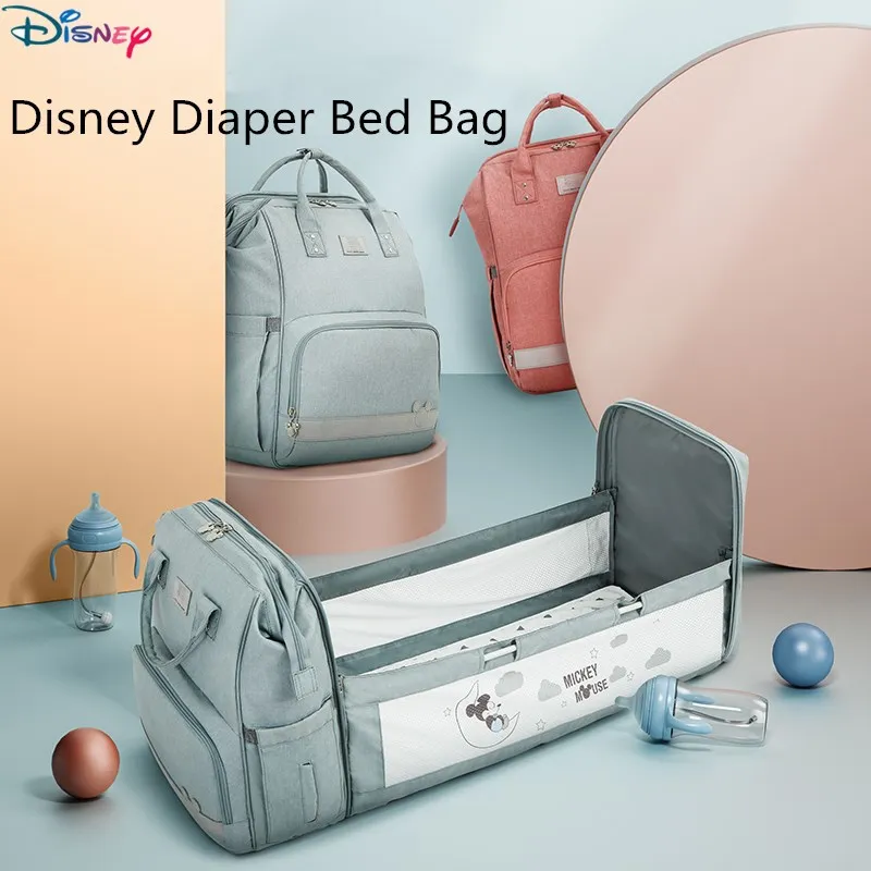 Disney Diaper Bag Folding Bed Mummy Bag Milk Bottle Insulation Bag Multifunctional Large Capacity Backpack Baby Bed Backpack