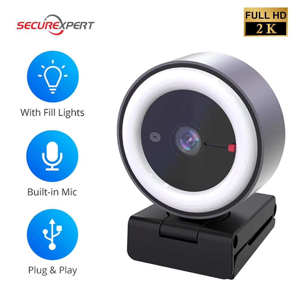 

Webcam 2K Mini Camera with Microphone Fill Light USB Cameras For Desktop Video Live Conference Auto Focus Web Cam