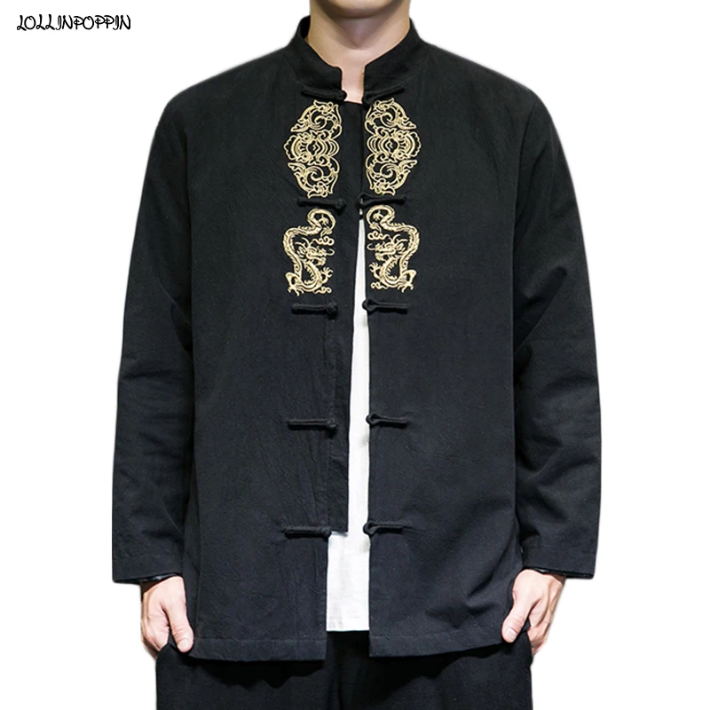 

Dragon Embroidery Chinese Style Men Tunic Jacket Mandarin Collar 2022 Autumn Frog Closure Cotton & Linen Mens Coat Black / Blue