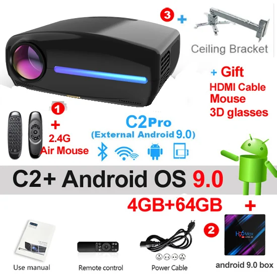 C2 64g bracket WZATCO C2 4K Full HD 1080P светодиодный проектор Android 9,0 Wifi умный домашний кинотеатр Видеопроектор с цифровой коррекцией трапецеидального камня - Цвет: C2 64g bracket