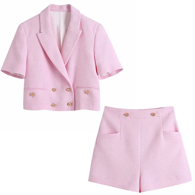 

2021 New Women 2 Pieces Set Short Sleeve Notched Neck Cropped Blazers Shorts Suit Chic Lady Fashion Casual Women Bleazer Suit