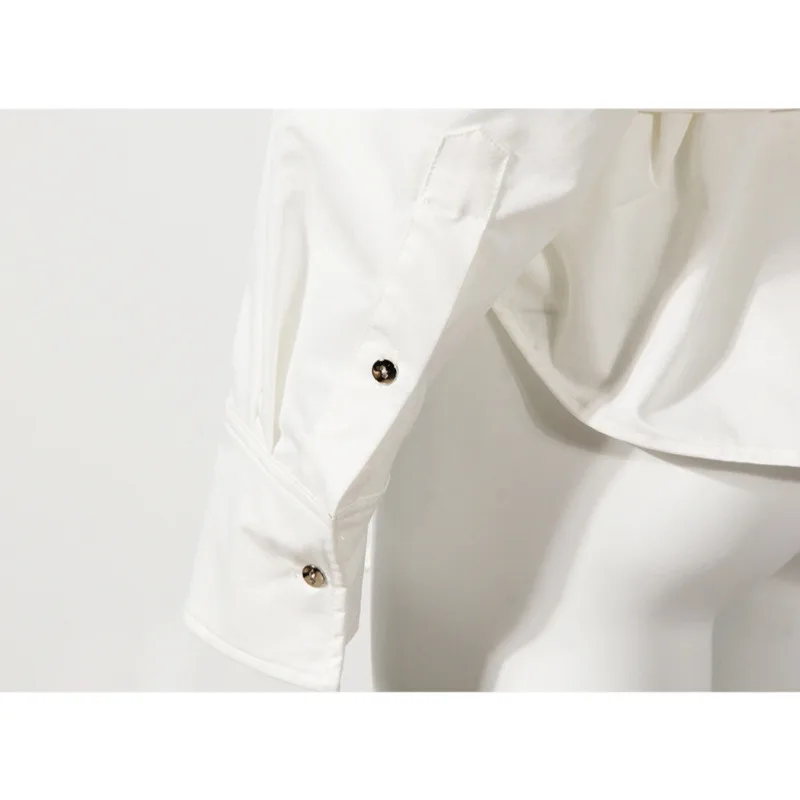 

DEAT Women White Patchwork Asymmetrical Chiffon Blouse New Stand Neck Long Sleeve Slim Fit Shirt Fashion Tide Summer 2021 7E7929