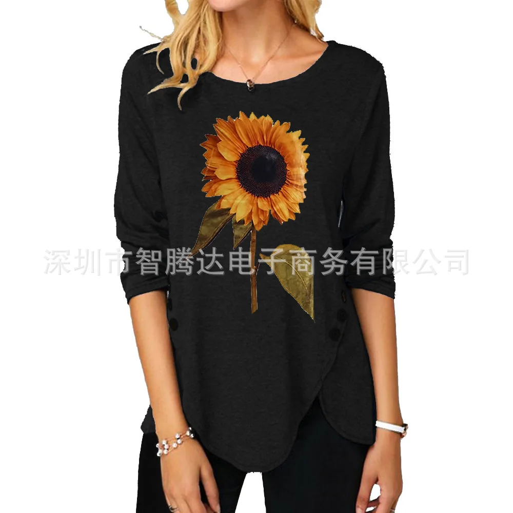 

Autumn top irregular hem button Print Long Sleeve large t-shirt female