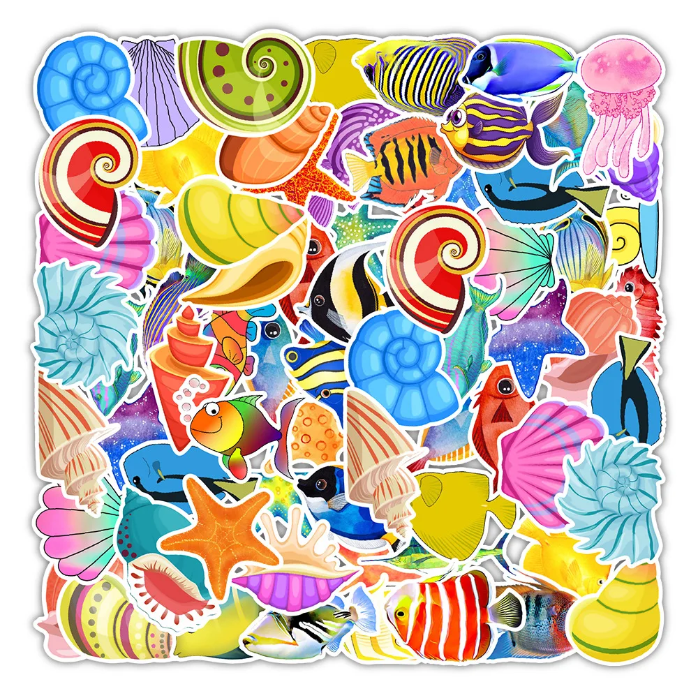 

50 PCS Ocean World Animals Sea Fishes Stickers Coral Turtle Dolphin Funny Stickers for Laptop Suitcase Freezer Bike Car Decals